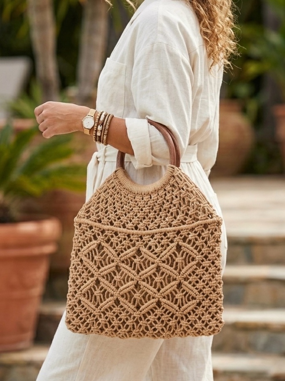 Tan crochet Handbag with Wooden Handles women’s bag vacation beach brown